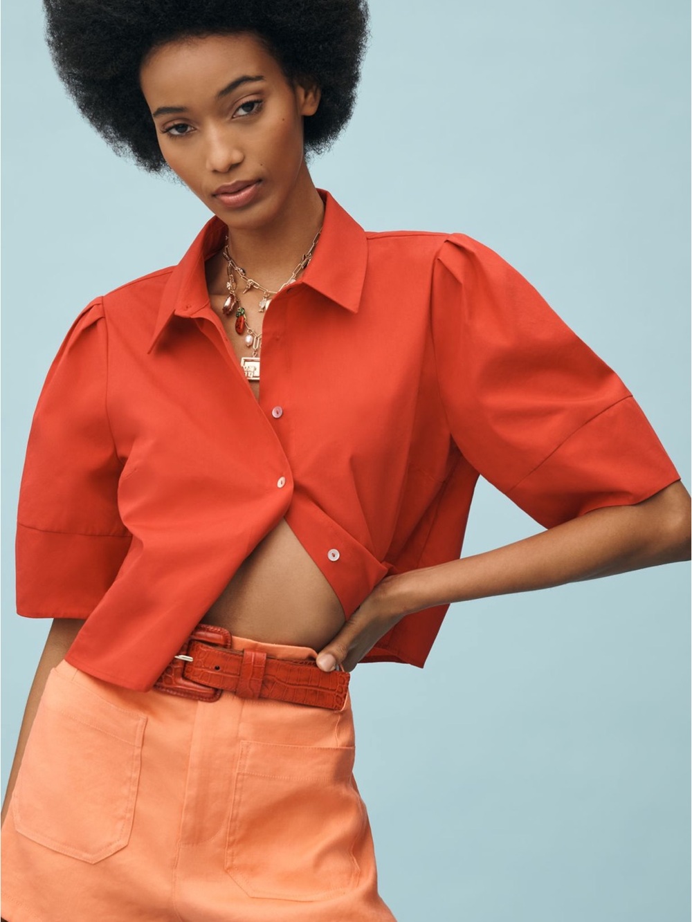 Maeve Bright Red Cropped Button-Down Blouse
